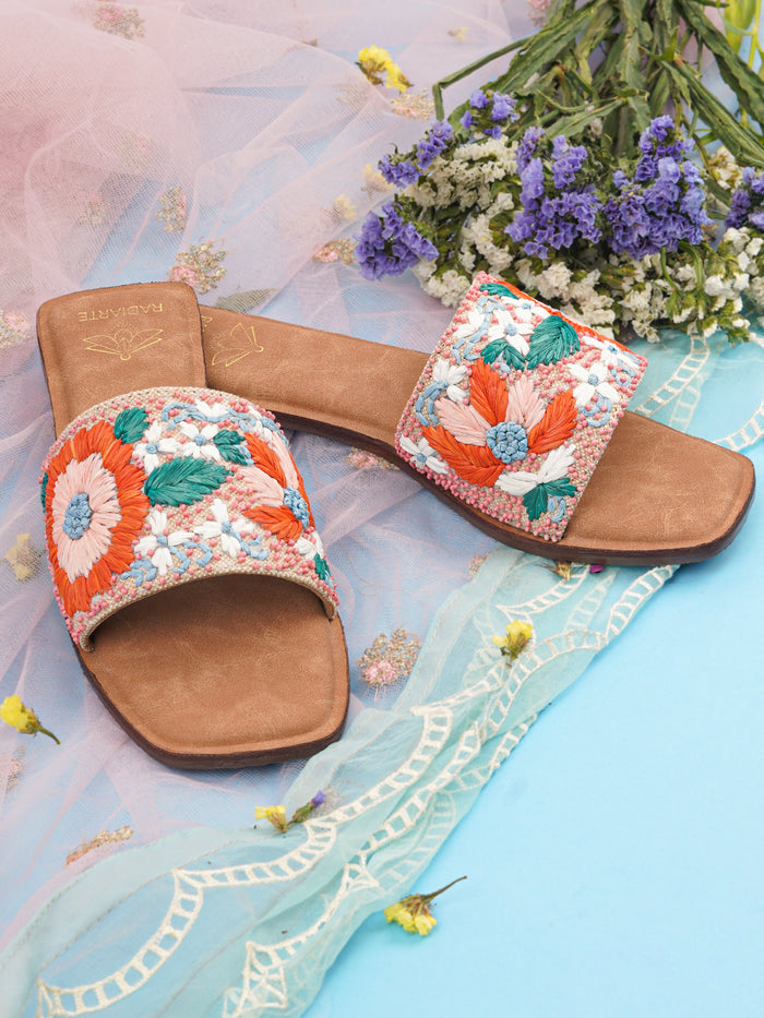 Phool Embellished Jute Slides – Beige/Orange | Handmade Flats for Women