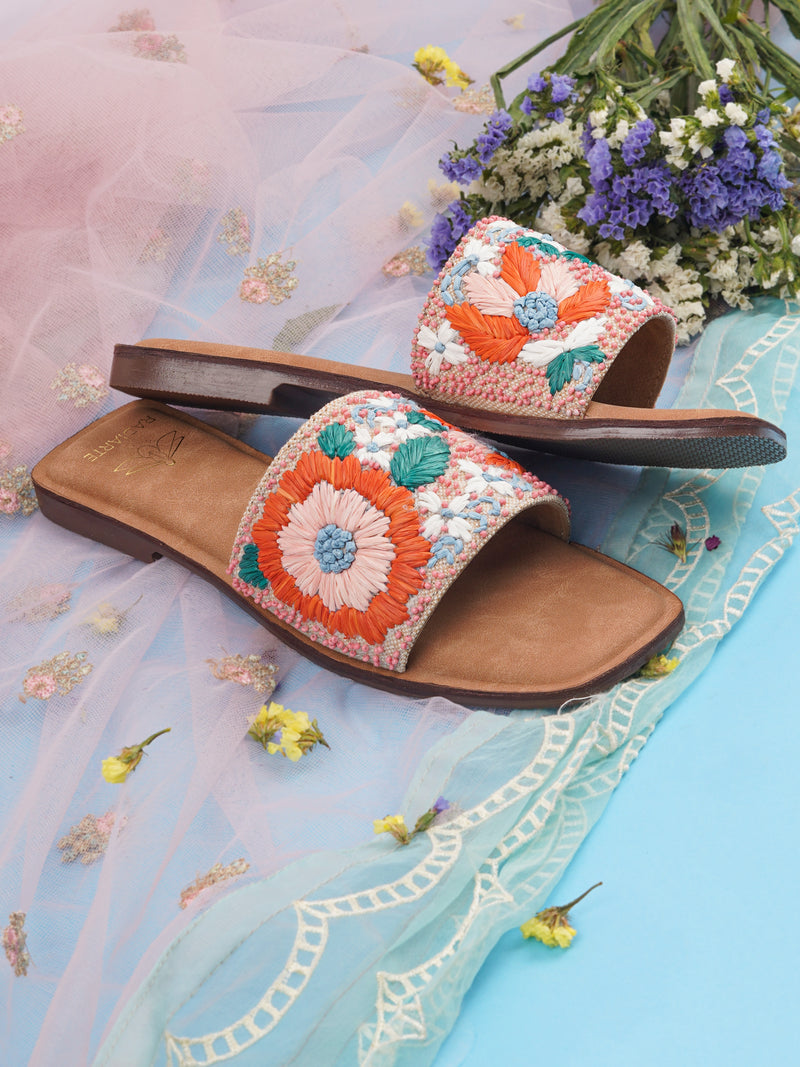 Phool Embellished Jute Slides – Beige/Orange | Handmade Flats for Women