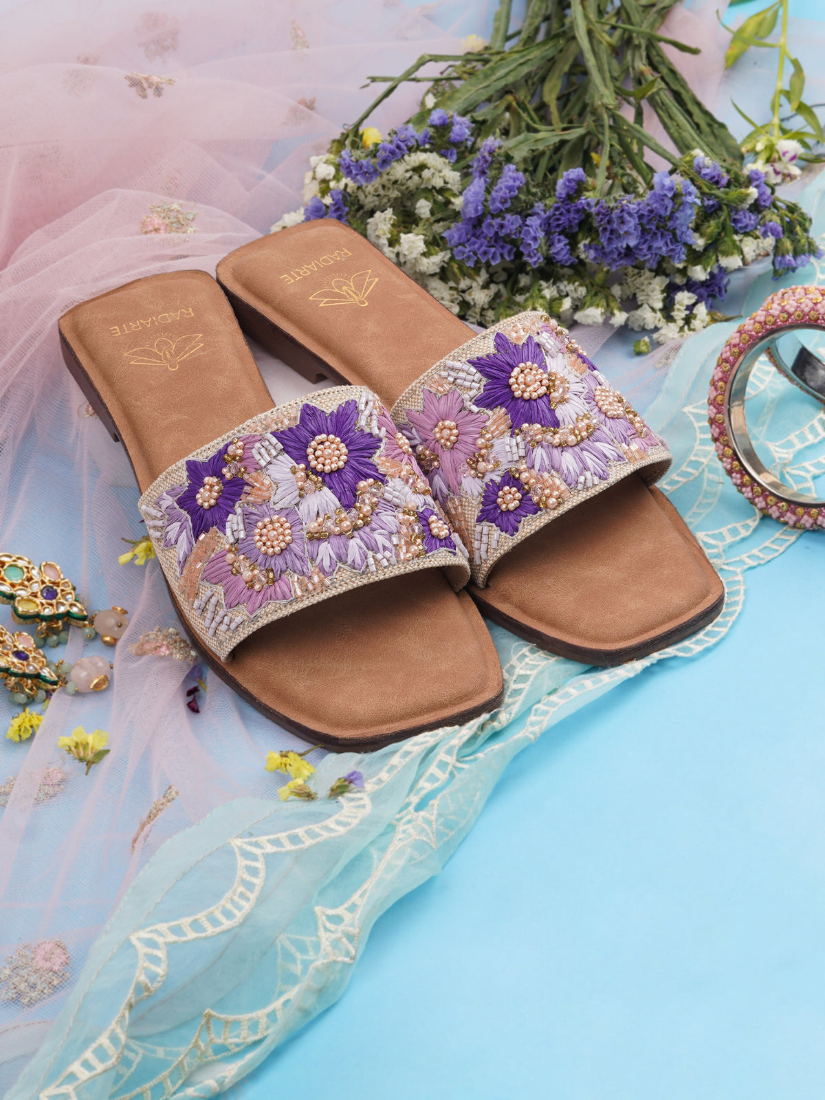 Chamak Beige/Purple Slides for Women | Jute Upper, Skin-Fit Lining, Cushioned Footbed, TPR Outsole