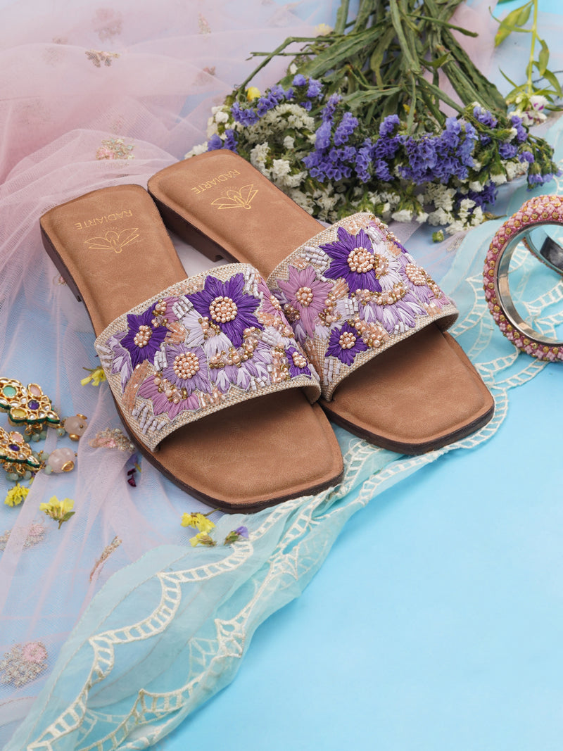 Chamak Beige/Purple Slides for Women | Jute Upper, Skin-Fit Lining, Cushioned Footbed, TPR Outsole
