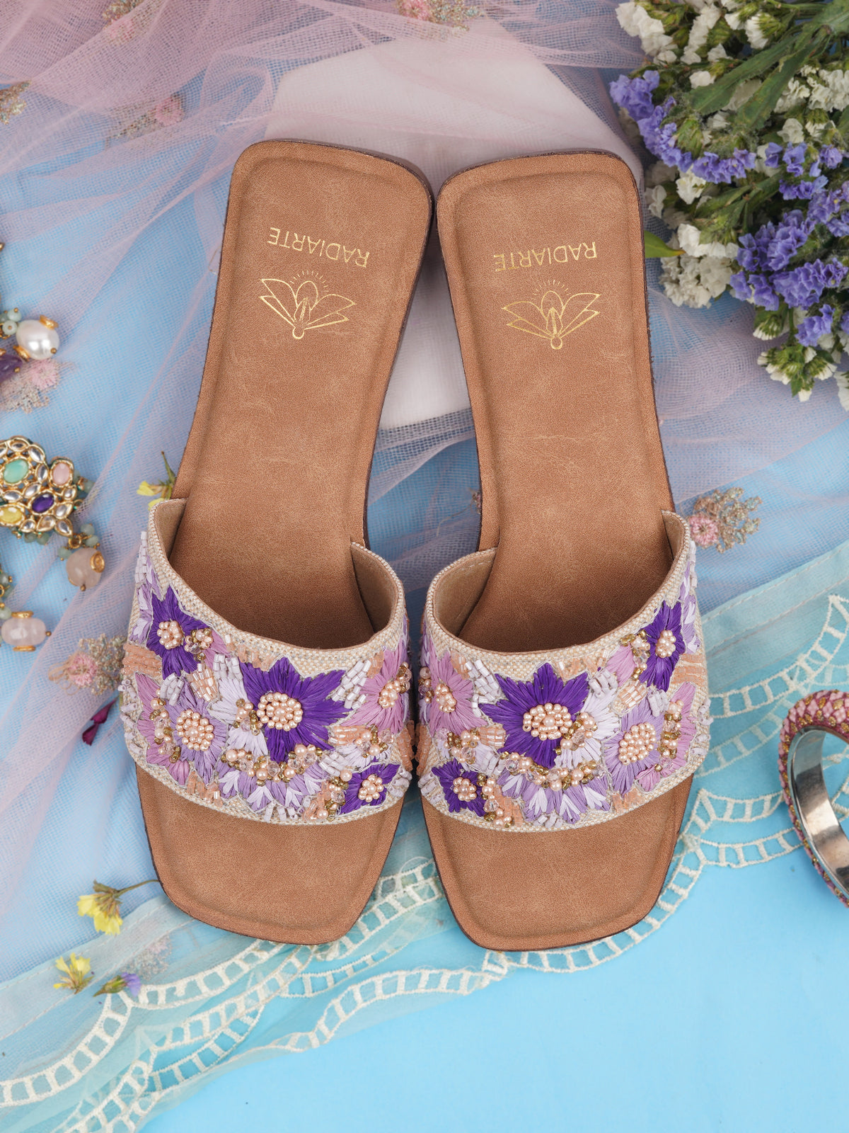 Chamak Beige/Purple Slides for Women | Jute Upper, Skin-Fit Lining, Cushioned Footbed, TPR Outsole