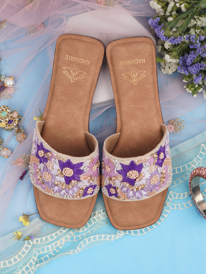 Chamak Beige/Purple Slides for Women | Jute Upper, Skin-Fit Lining, Cushioned Footbed, TPR Outsole