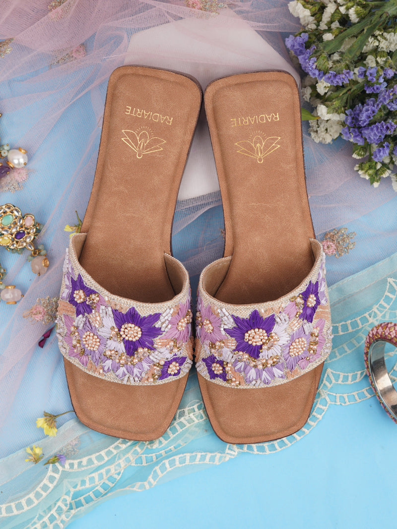 Chamak Beige/Purple Slides for Women | Jute Upper, Skin-Fit Lining, Cushioned Footbed, TPR Outsole