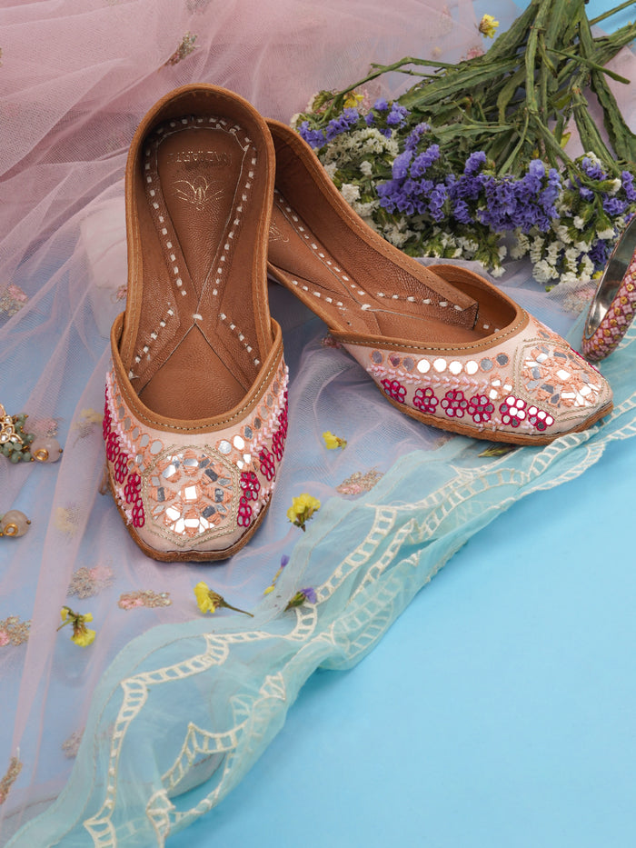 Jutti Mirage Baby Pink - Leather & Satin Upper, Zari & Mirror Embellished, Cushioned Footbed