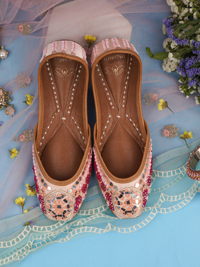 Jutti Mirage Baby Pink - Leather & Satin Upper, Zari & Mirror Embellished, Cushioned Footbed
