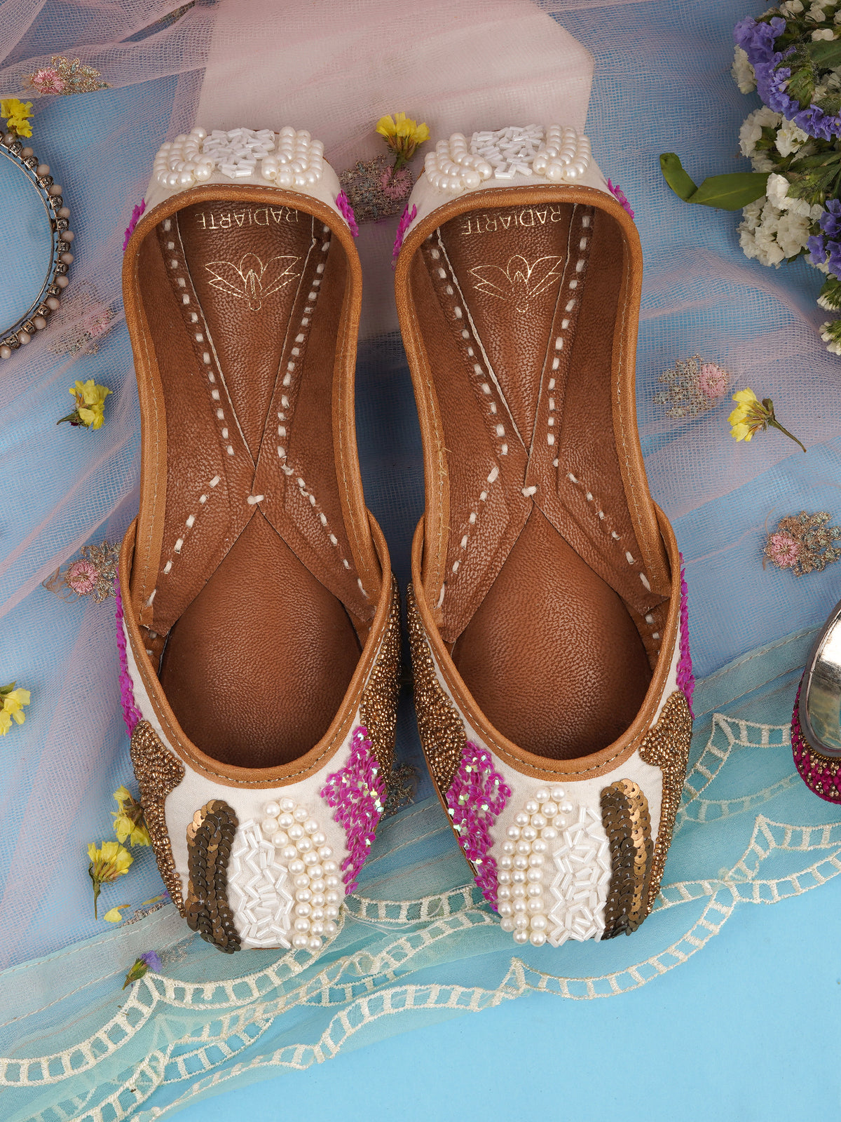 Jutti Dazzle White - Premium Leather & Satin Embellished Traditional Footwear with Cushioned Footbed