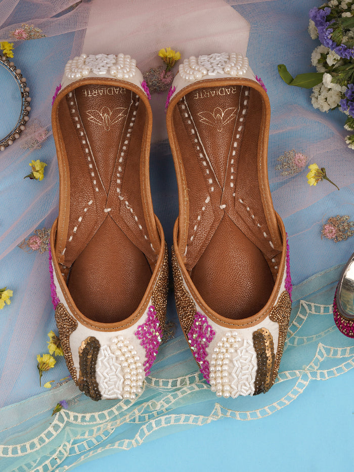 Jutti Dazzle White - Premium Leather & Satin Embellished Traditional Footwear with Cushioned Footbed