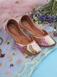 Jutti Dazzle White - Premium Leather & Satin Embellished Traditional Footwear with Cushioned Footbed