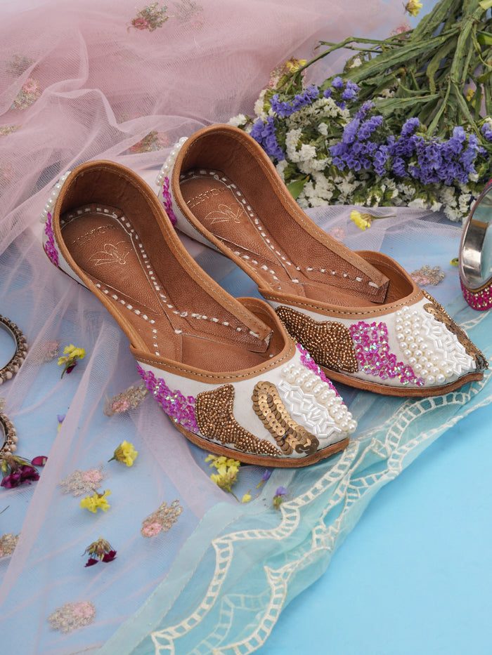 Jutti Dazzle White - Premium Leather & Satin Embellished Traditional Footwear with Cushioned Footbed