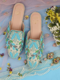 Whispering Skies Pastel Green Mules – Silk Upper, Beaded Embellishments & Cushioned Footbed