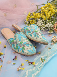 Whispering Skies Pastel Green Mules – Silk Upper, Beaded Embellishments & Cushioned Footbed