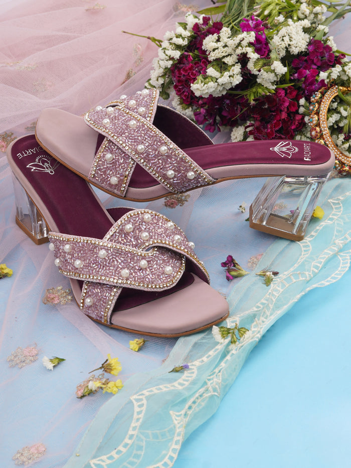 Pearl Mauve Slides (Heels) – Made-to-Order Canvas Upper with Cushion Footbed & Block Heel