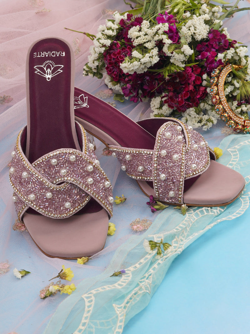 Pearl Mauve Slides (Heels) – Made-to-Order Canvas Upper with Cushion Footbed & Block Heel