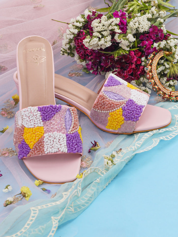 Phulkari Light Pink Silk Slides with 2.5" Block Heel, Cutdana & Bead Embellishments