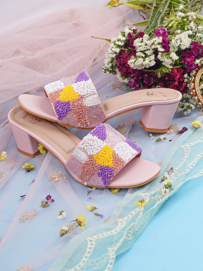 Phulkari Light Pink Silk Slides with 2.5" Block Heel, Cutdana & Bead Embellishments