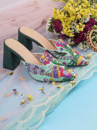 Rio Mint Green Mules with Block Heel | Cotton Upper, Beads & Sequins Detailing