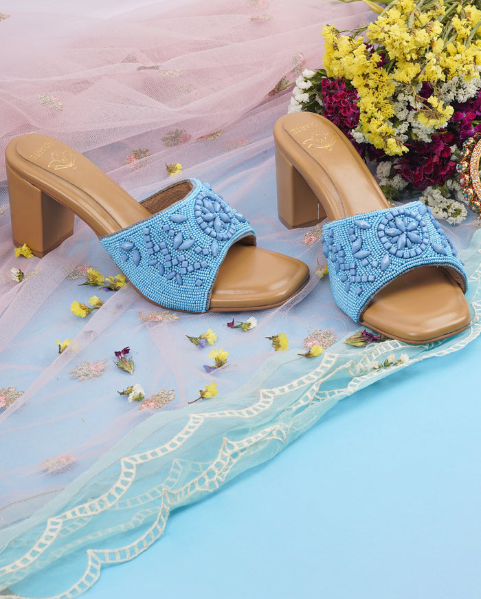 Meghana Sky Blue Slides with Denim Upper, Skin-Fit Lining & 3-Inch Block Heel – Comfortable Beaded Heels for Stylish Women