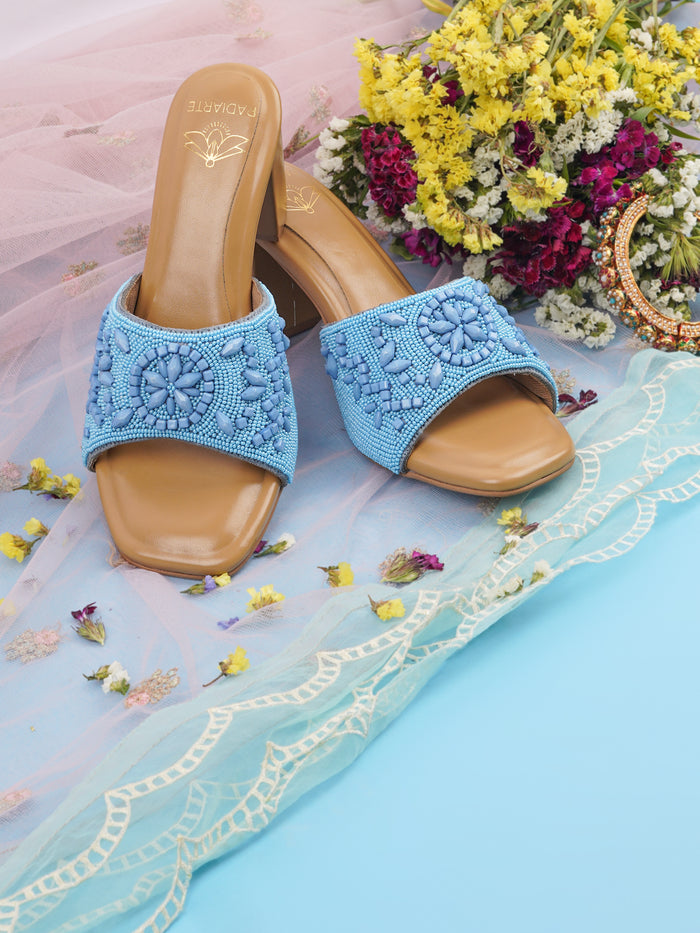 Meghana Sky Blue Slides with Denim Upper, Skin-Fit Lining & 3-Inch Block Heel – Comfortable Beaded Heels for Stylish Women