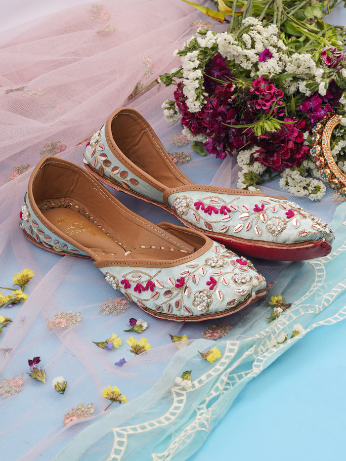 Jutti Samundar Pastel Mint Green – Leather & Satin Handcrafted Traditional Footwear with Cushion Footbed