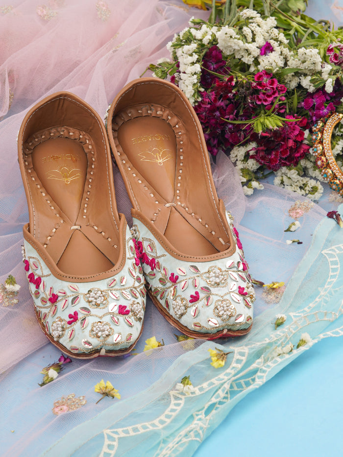 Jutti Samundar Pastel Mint Green – Leather & Satin Handcrafted Traditional Footwear with Cushion Footbed