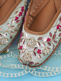 Jutti Samundar Pastel Mint Green – Leather & Satin Handcrafted Traditional Footwear with Cushion Footbed