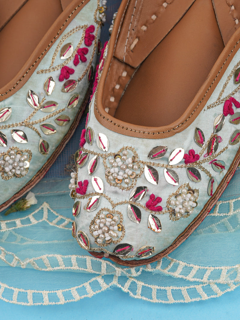 Jutti Samundar Pastel Mint Green – Leather & Satin Handcrafted Traditional Footwear with Cushion Footbed