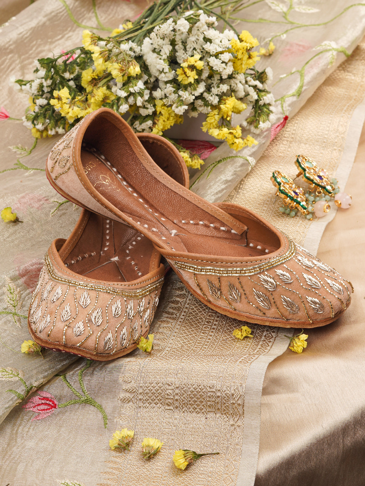 Noor Light Brown Leather Jutti with Cutdana & Bead Embellishments - Comfortable PU Lining & Cushioned Footbed