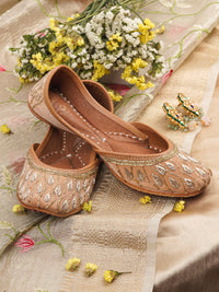 Noor Light Brown Leather Jutti with Cutdana & Bead Embellishments - Comfortable PU Lining & Cushioned Footbed