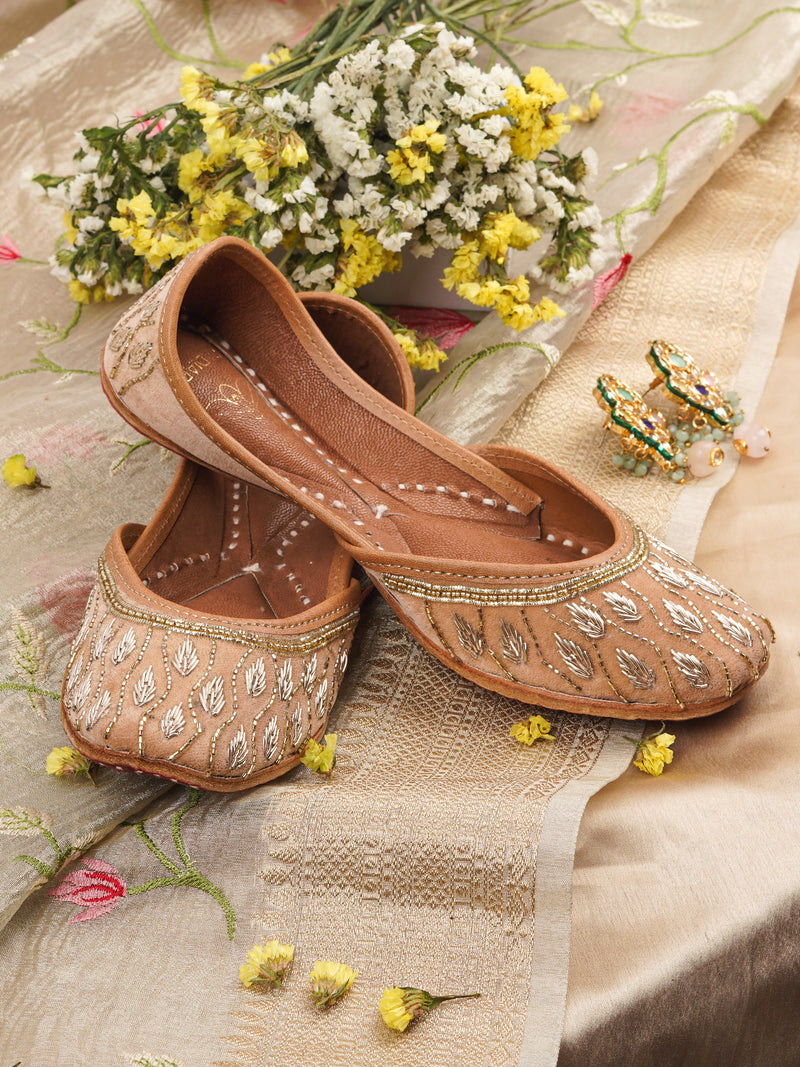 Noor Light Brown Leather Jutti with Cutdana & Bead Embellishments - Comfortable PU Lining & Cushioned Footbed
