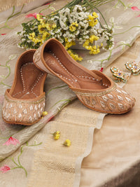 Noor Light Brown Leather Jutti with Cutdana & Bead Embellishments - Comfortable PU Lining & Cushioned Footbed