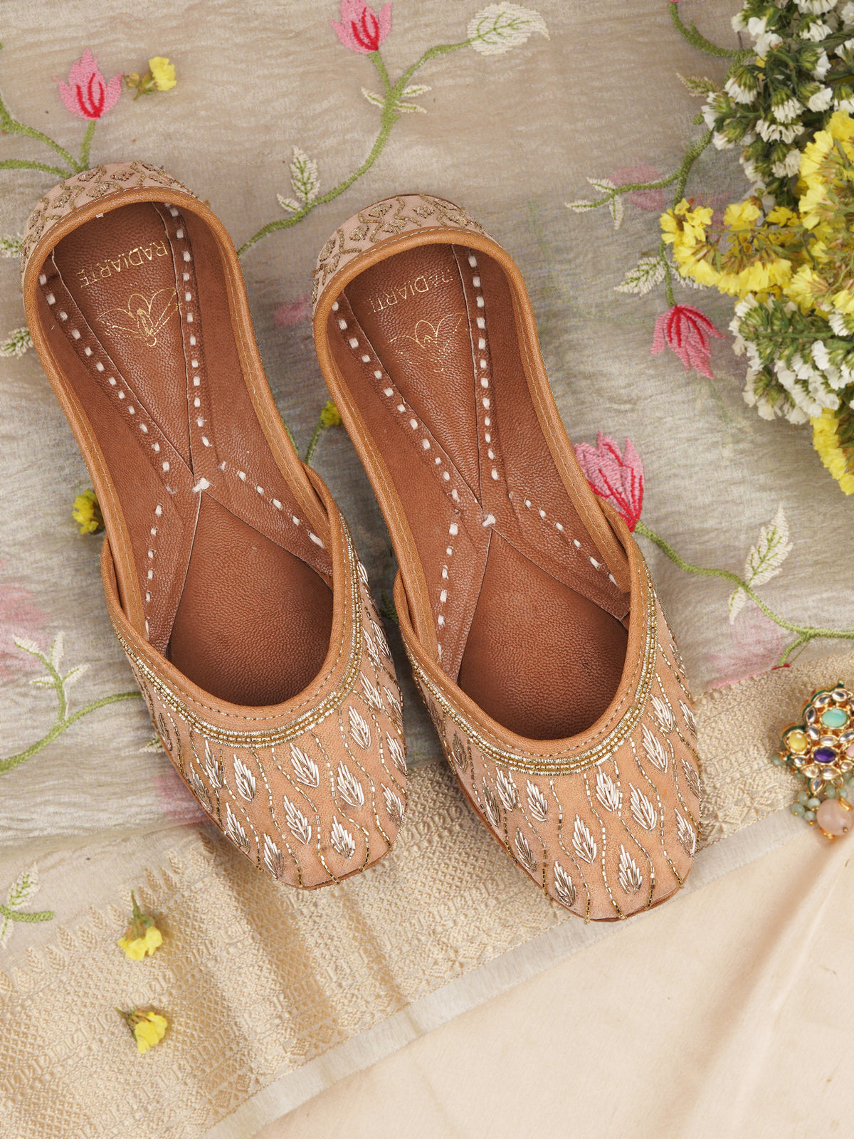 Noor Light Brown Leather Jutti with Cutdana & Bead Embellishments - Comfortable PU Lining & Cushioned Footbed
