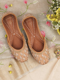 Noor Light Brown Leather Jutti with Cutdana & Bead Embellishments - Comfortable PU Lining & Cushioned Footbed