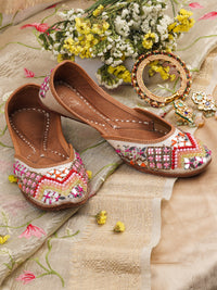 Jutti Sitara White/Light Blush Pink - Leather & Satin Upper, Beads & Mirror Work - Comfortable Cushioned Footbed