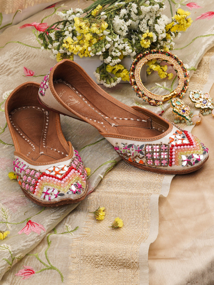 Jutti Sitara White/Light Blush Pink - Leather & Satin Upper, Beads & Mirror Work - Comfortable Cushioned Footbed