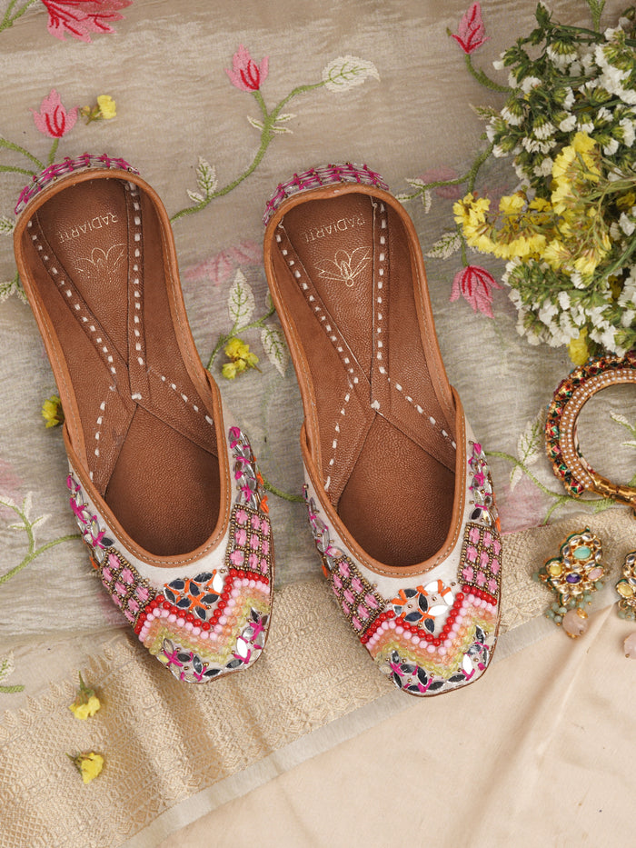 Jutti Sitara White/Light Blush Pink - Leather & Satin Upper, Beads & Mirror Work - Comfortable Cushioned Footbed