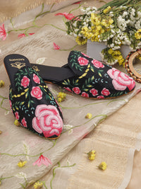 GULAB Black Silk Mules for Women – Hand Embroidered with Thread & Cutdana Work