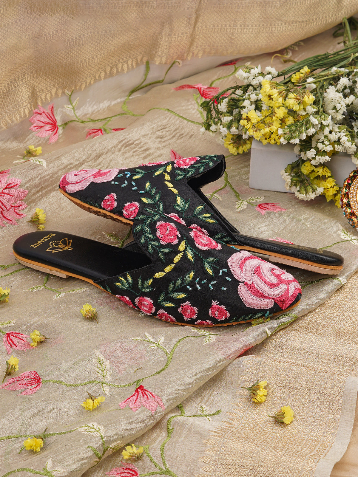 GULAB Black Silk Mules for Women – Hand Embroidered with Thread & Cutdana Work