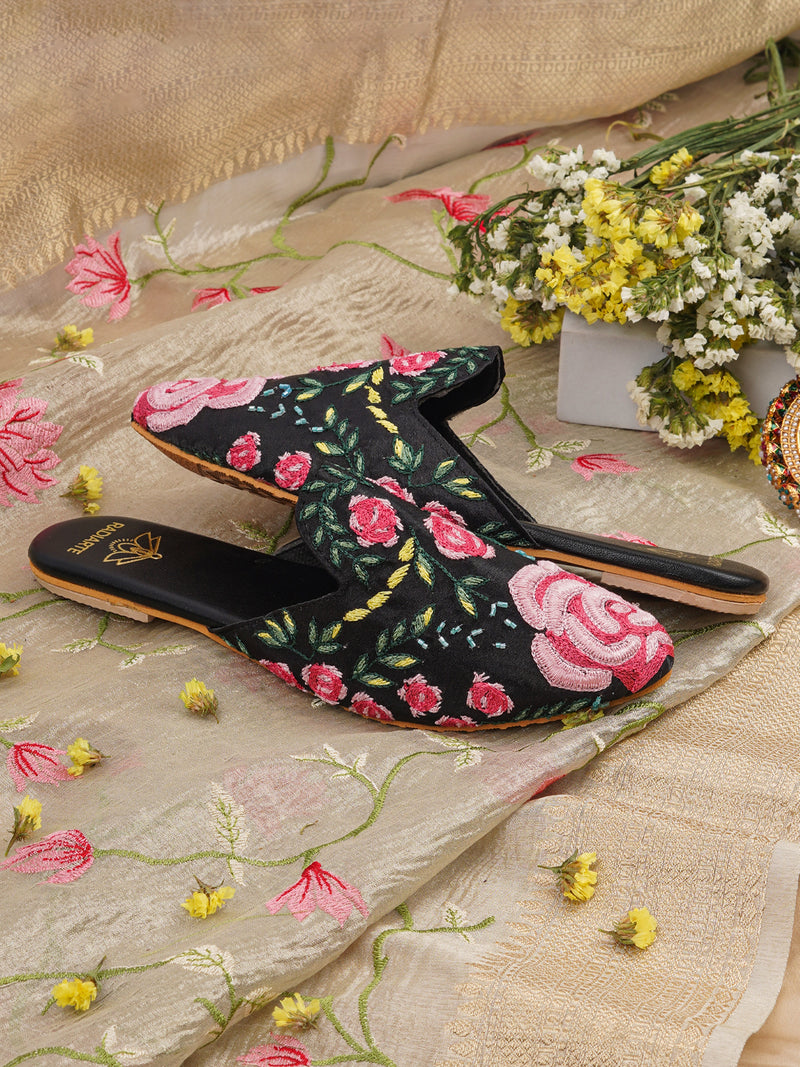 GULAB Black Silk Mules for Women – Hand Embroidered with Thread & Cutdana Work