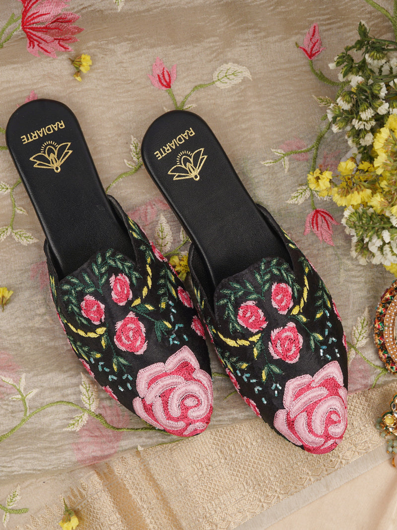 GULAB Black Silk Mules for Women – Hand Embroidered with Thread & Cutdana Work