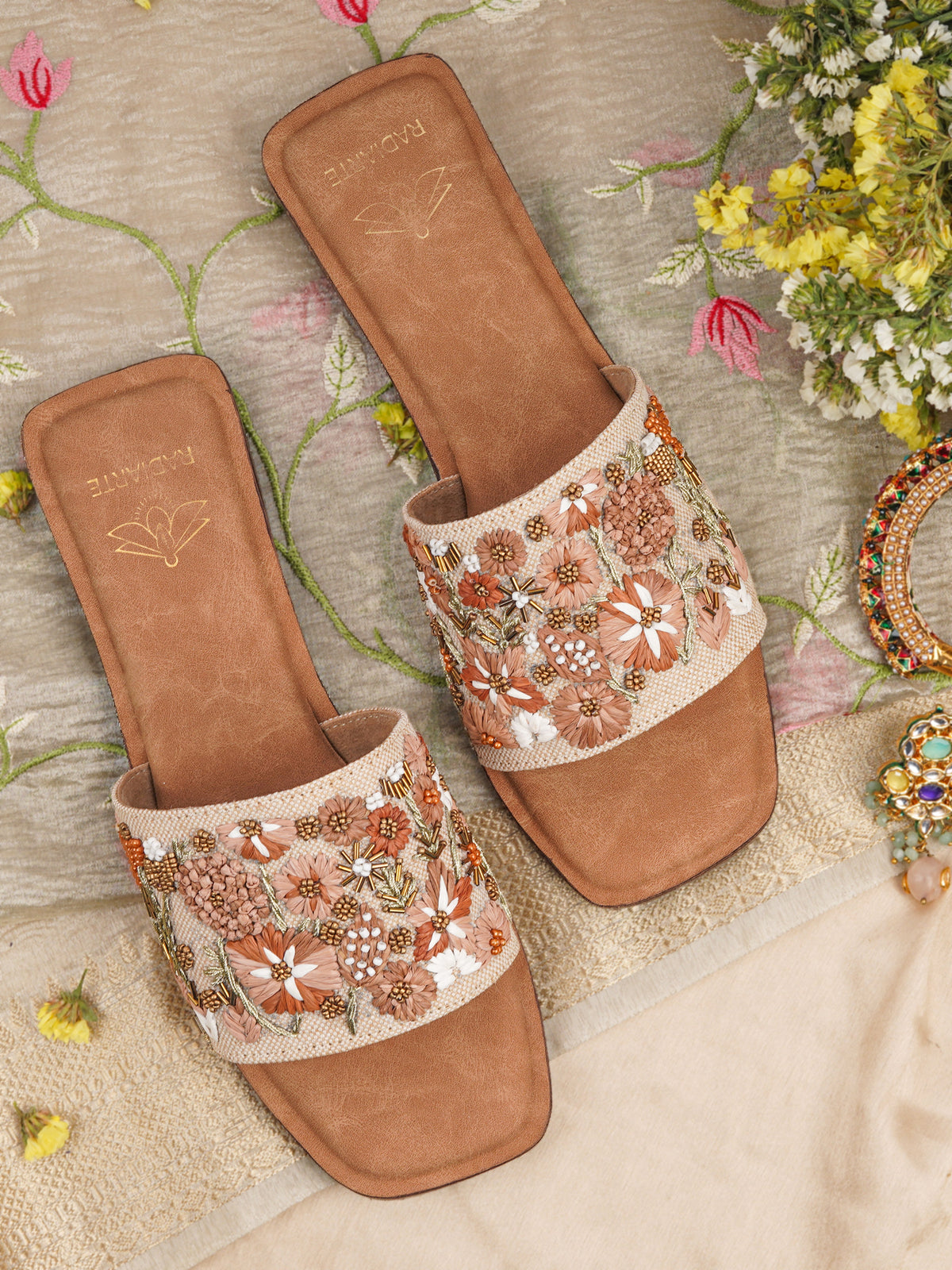 VRIKSHA Beige/Brown Flats (Sizes 36-40) – Jute Upper, Beaded & Thread Detailing, Cushioned Footbed