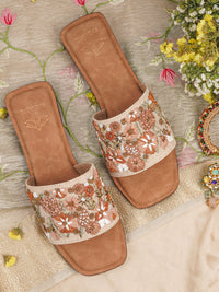 VRIKSHA Beige/Brown Flats (Sizes 36-40) – Jute Upper, Beaded & Thread Detailing, Cushioned Footbed
