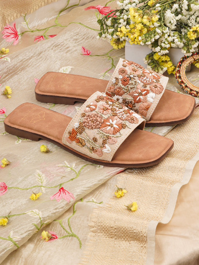 VRIKSHA Beige/Brown Flats (Sizes 36-40) – Jute Upper, Beaded & Thread Detailing, Cushioned Footbed