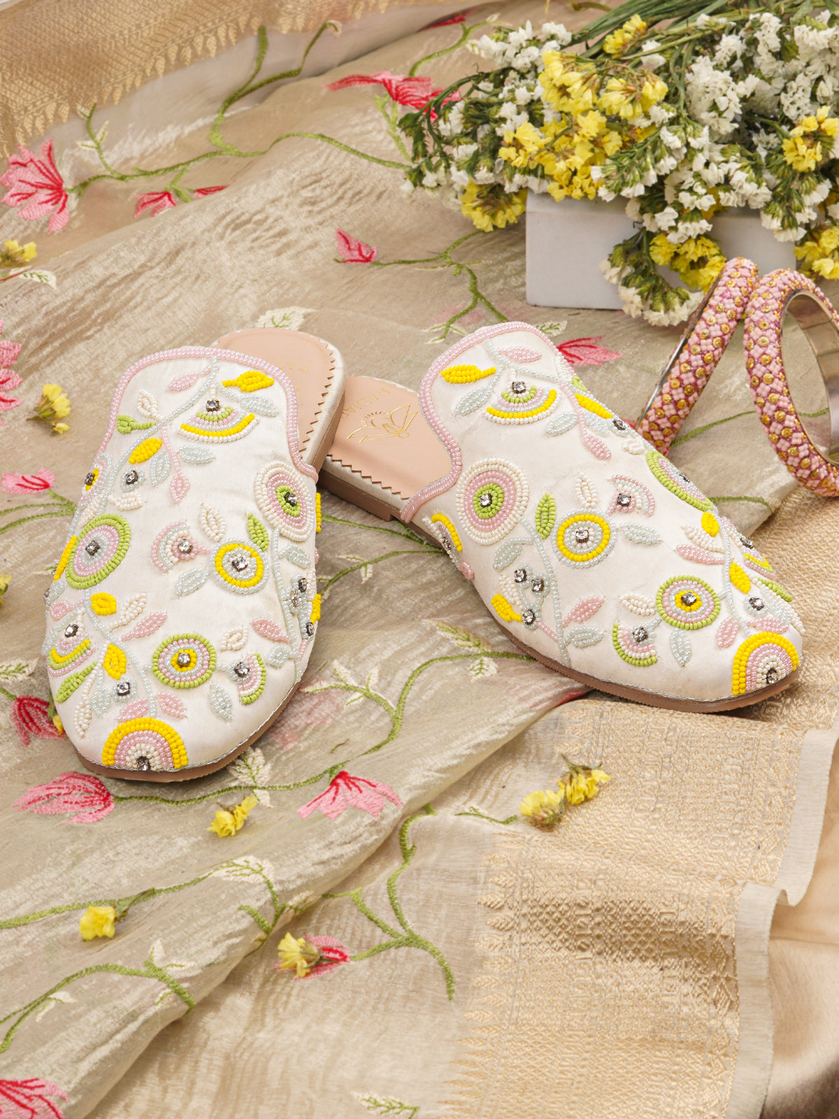 Daisy White Beaded Satin Mules for Women