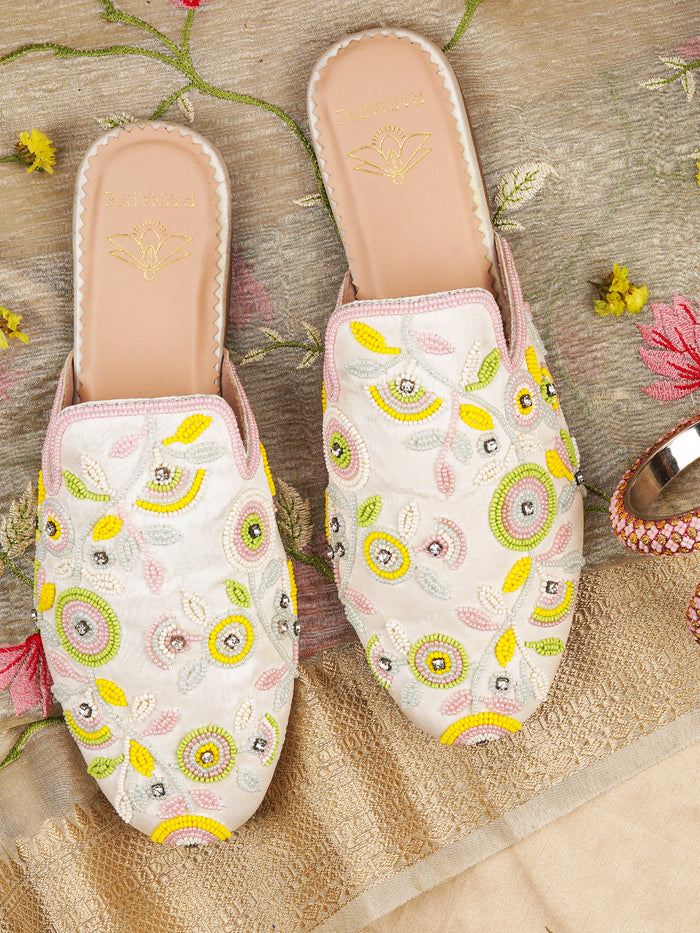 Daisy White Beaded Satin Mules for Women