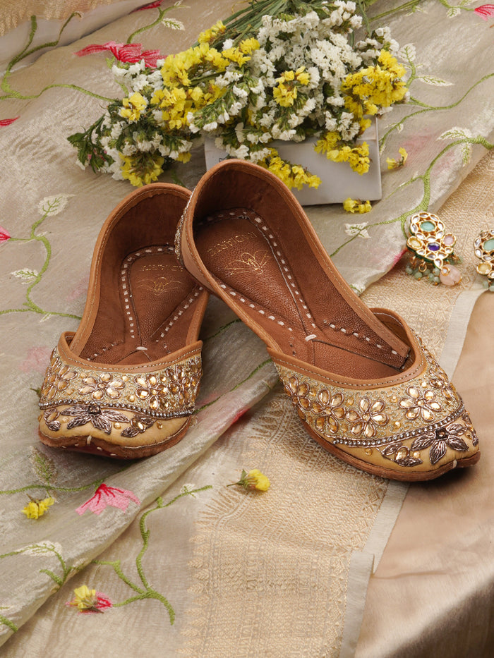 Kanak Golden Beige Jutti – Leather & Satin Upper with Zari, Stone & Cutdana Embellishments