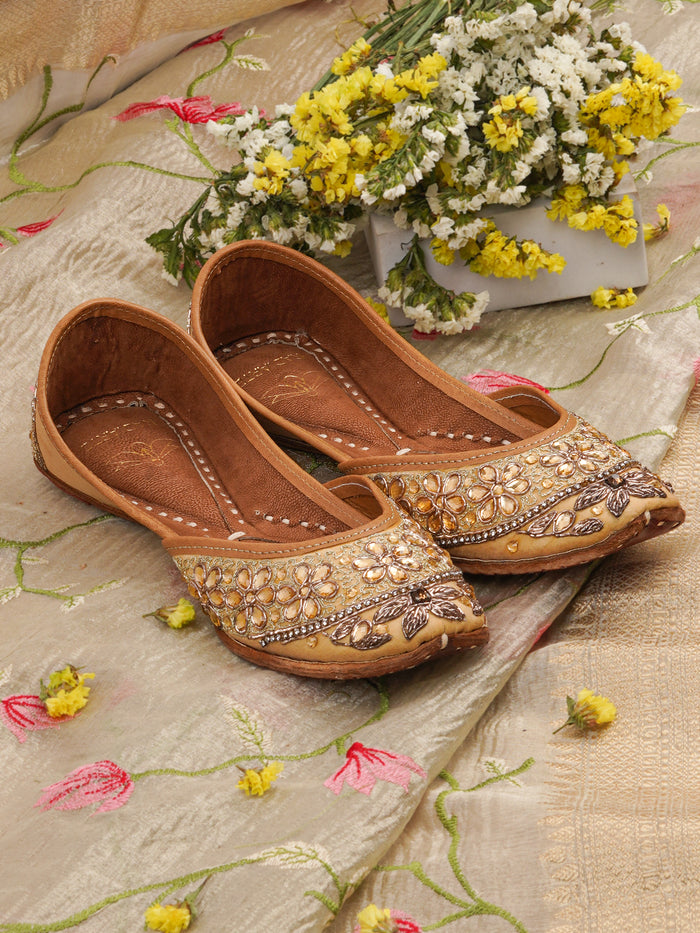 Kanak Golden Beige Jutti – Leather & Satin Upper with Zari, Stone & Cutdana Embellishments