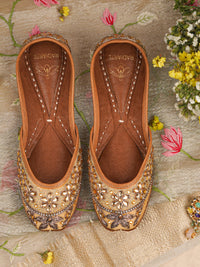 Kanak Golden Beige Jutti – Leather & Satin Upper with Zari, Stone & Cutdana Embellishments
