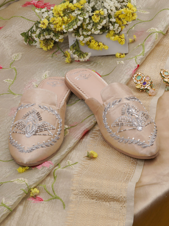 Radiant Champagne Gold Embellished Mules for Women – Silk Upper | Cushioned Footbed | Designer Party Wear