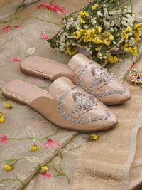 Radiant Champagne Gold Embellished Mules for Women – Silk Upper | Cushioned Footbed | Designer Party Wear