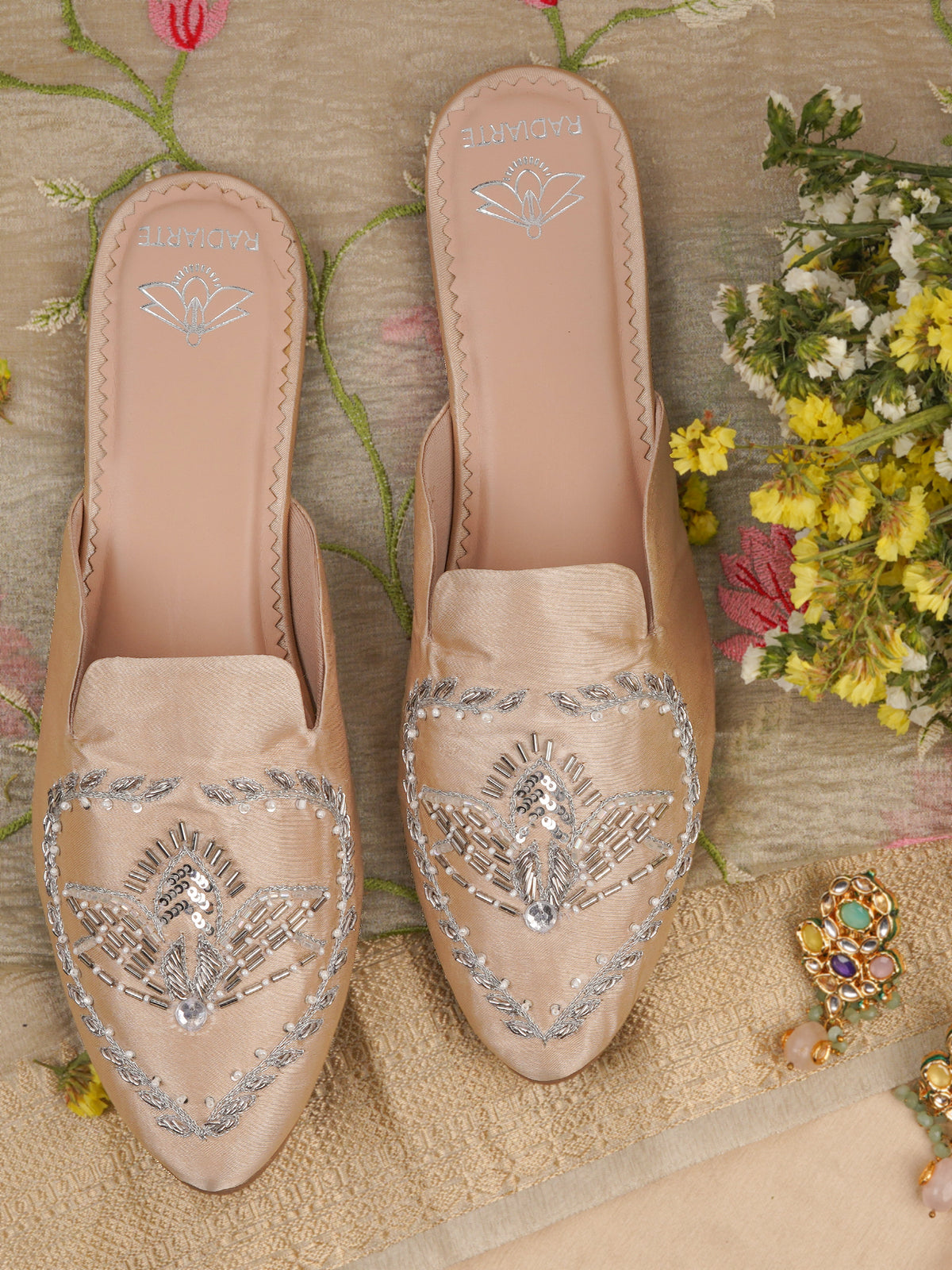 Radiant Champagne Gold Embellished Mules for Women – Silk Upper | Cushioned Footbed | Designer Party Wear